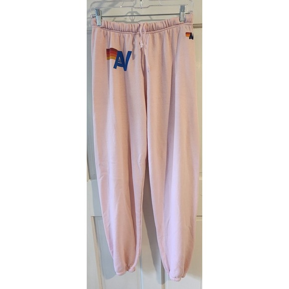 AVIATOR NATION LOGO SWEATPANTS LIGHT PINK WOMENS LARGE ELASTIC WAIST ANKLES LOGO - Picture 1 of 11